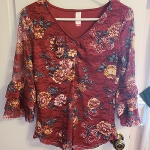 Red floral, lace blouse